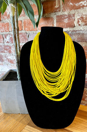 Yellow Multi-Layered Beaded Strand Bib Necklace