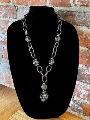 Gunmetal Silver Cable Chain & Faceted Smokey Crystal Pendant Necklace