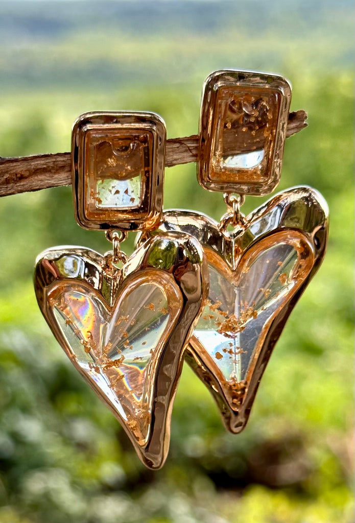 Translucent Heart Shaped Gold Flake Drop Earrings