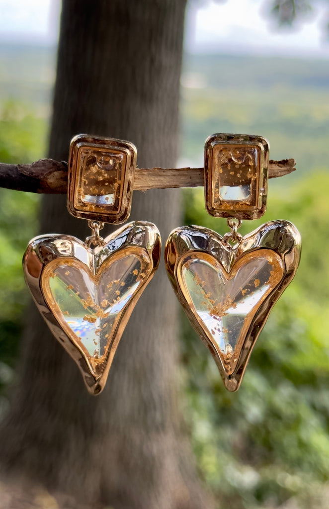 Translucent Heart Shaped Gold Flake Drop Earrings