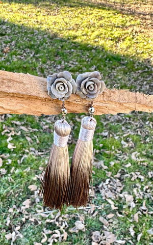 Carved Rose Tassel Earrings
