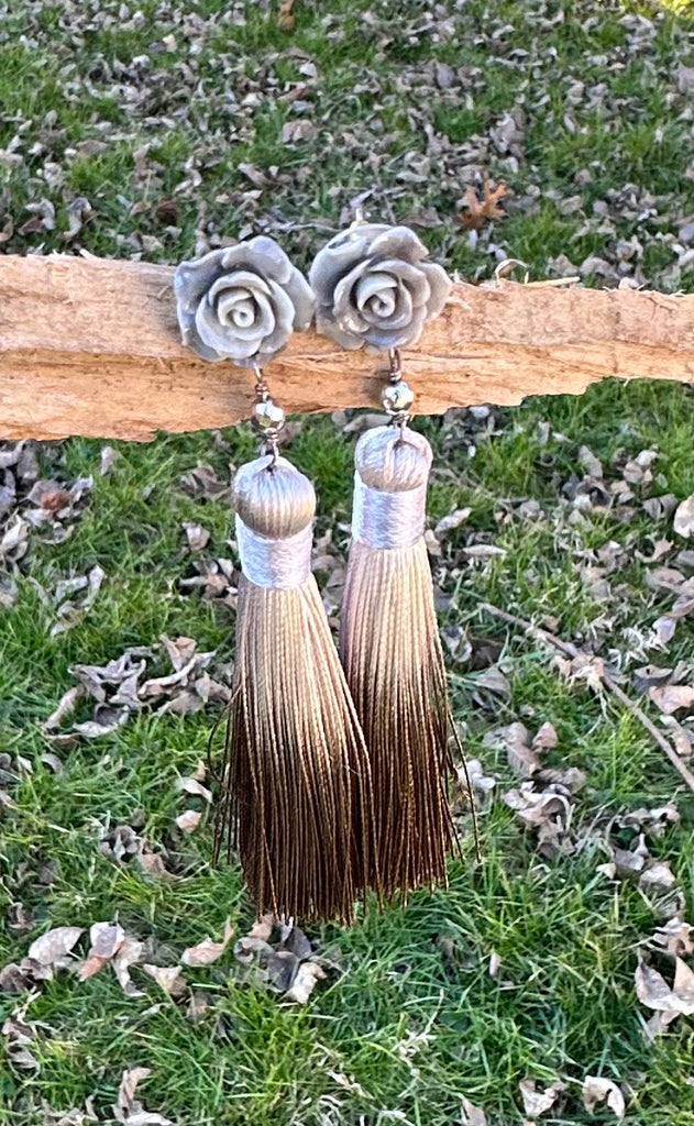 Carved Rose Tassel Earrings
