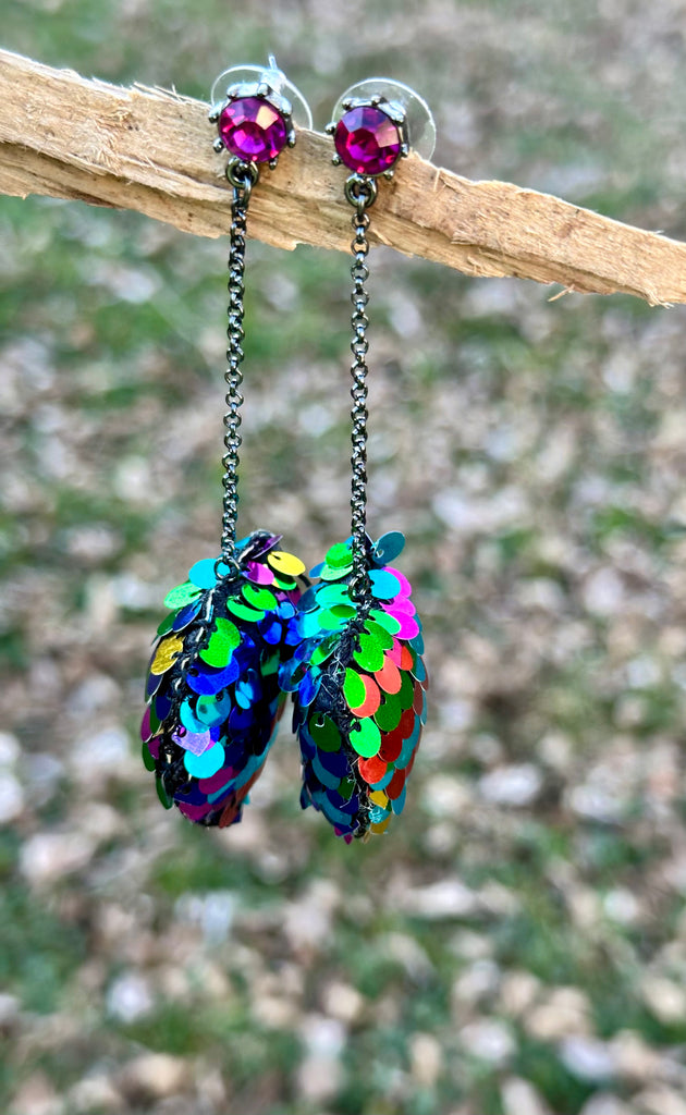 Red Crystal Multi-Color Sequin Heart Shape Linear Drop Earrings