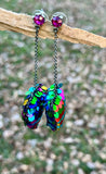 Red Crystal Multi-Color Sequin Heart Shape Linear Drop Earrings