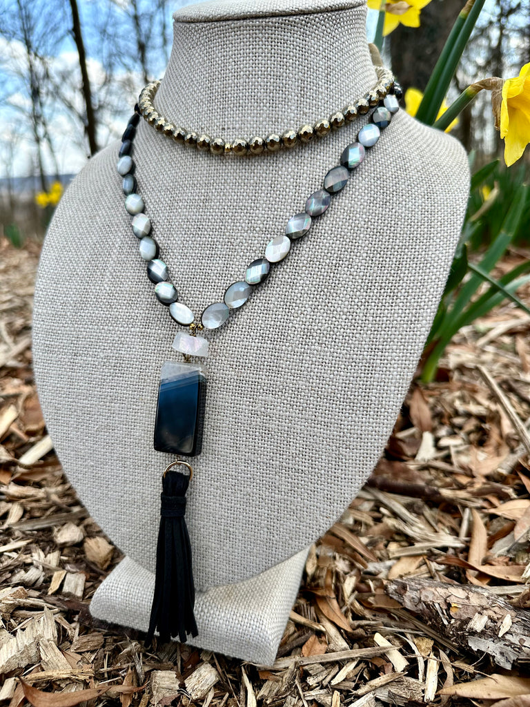 Black Mother of Pearl, Agate, Quartz, Onyx and Hematite Tassel Necklace