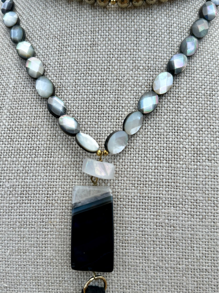 Black Mother of Pearl, Agate, Quartz, Onyx and Hematite Tassel Necklace