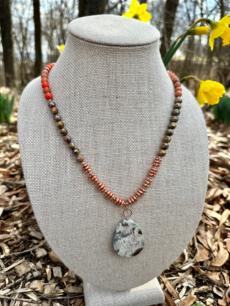 Jasper and Copper Pendant Long Statement Necklace