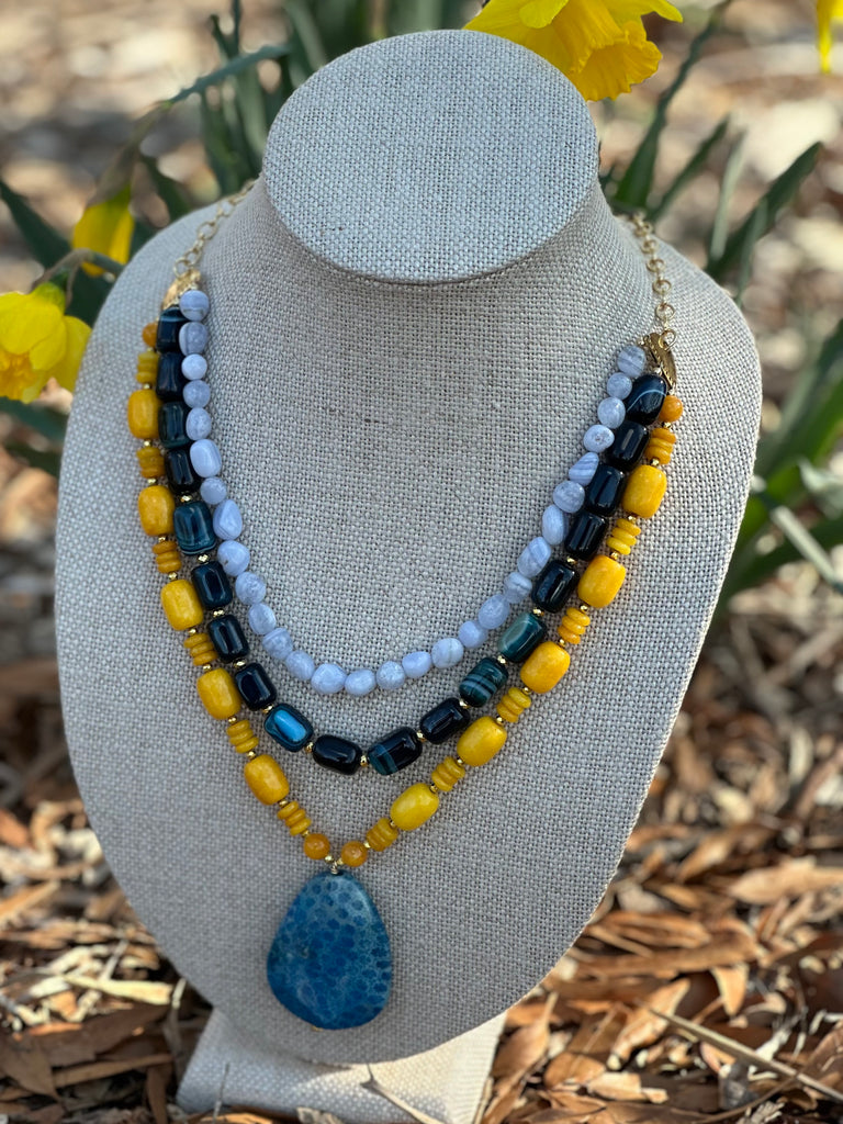 Blue Jasper, Jade, and Agate 3 Strand Necklace
