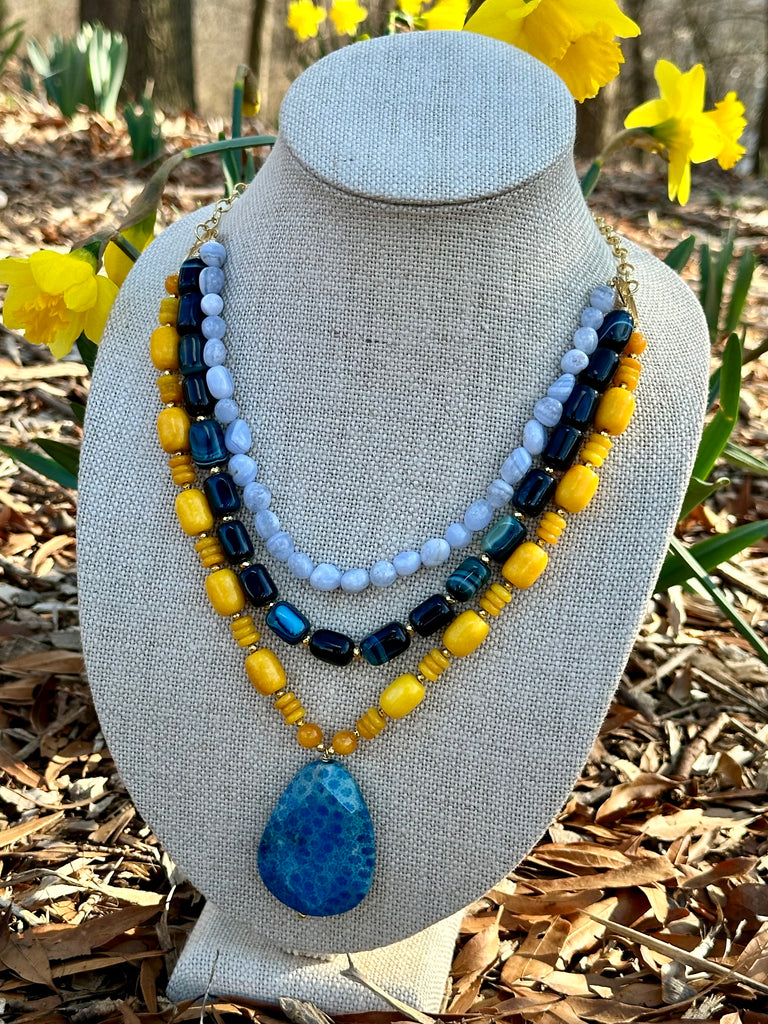 Blue Jasper, Jade, and Agate 3 Strand Necklace