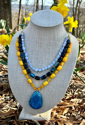 Blue Jasper, Jade, and Agate 3 Strand Necklace