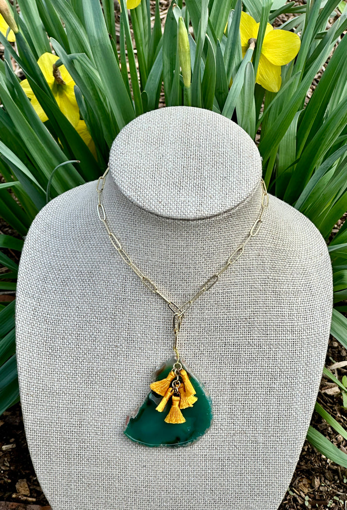 Agate Slice and Bronze Link Necklace