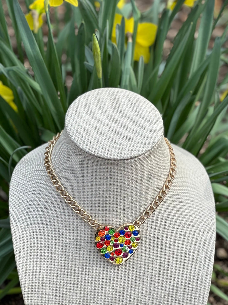 Multi- Color Rhinestone Heart Pendant Necklace