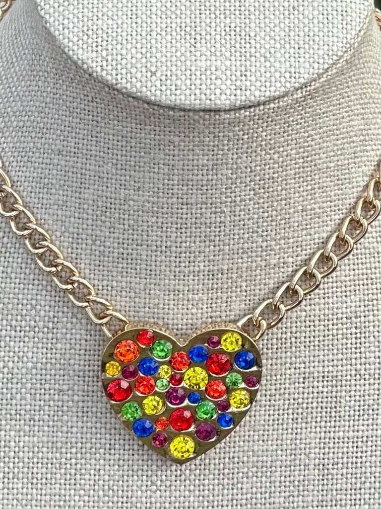 Multi- Color Rhinestone Heart Pendant Necklace