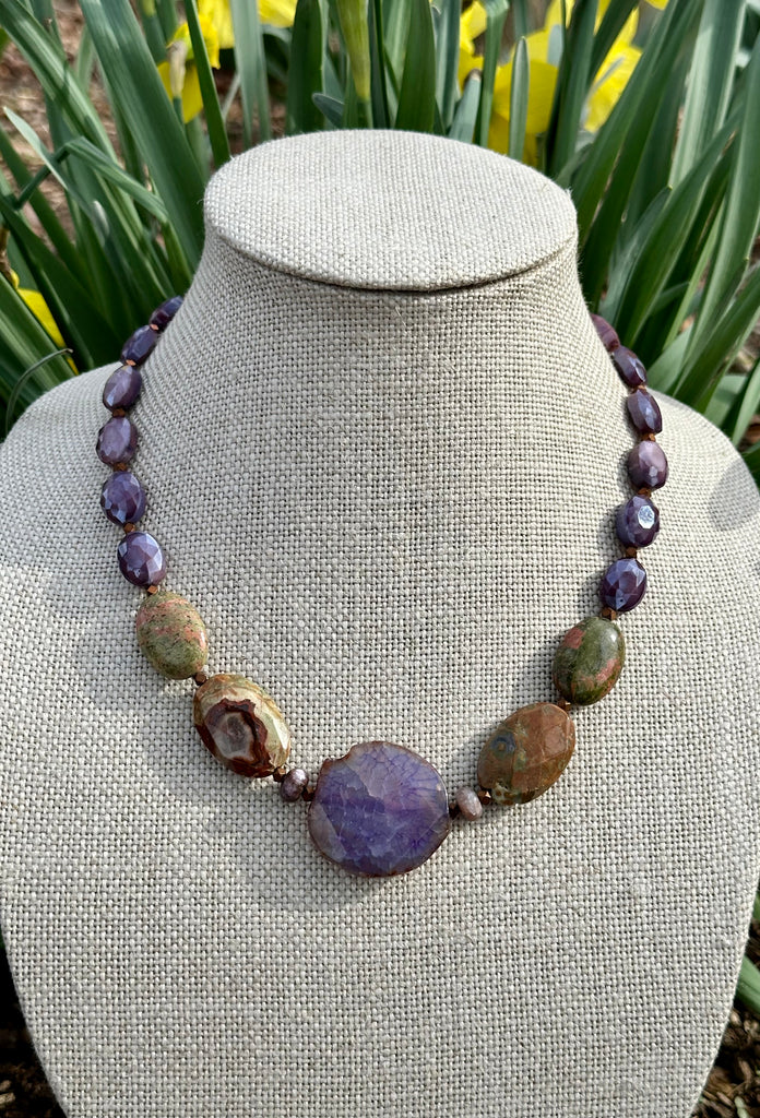 Purple Jasper, Quartz & Bronze Necklace