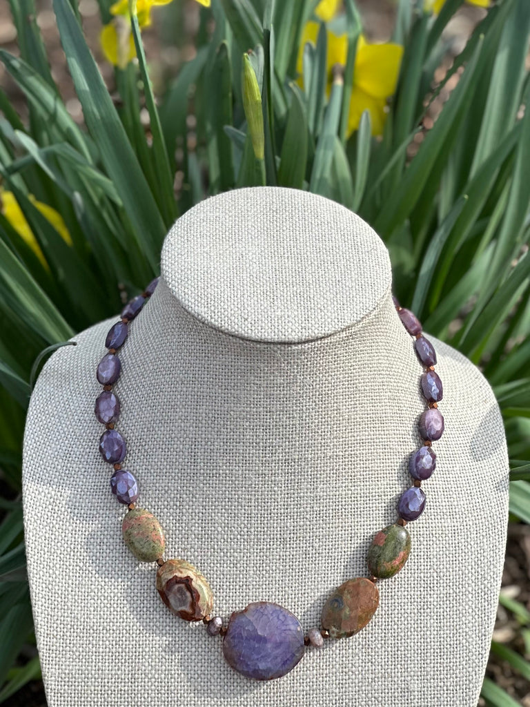 Purple Jasper, Quartz & Bronze Necklace