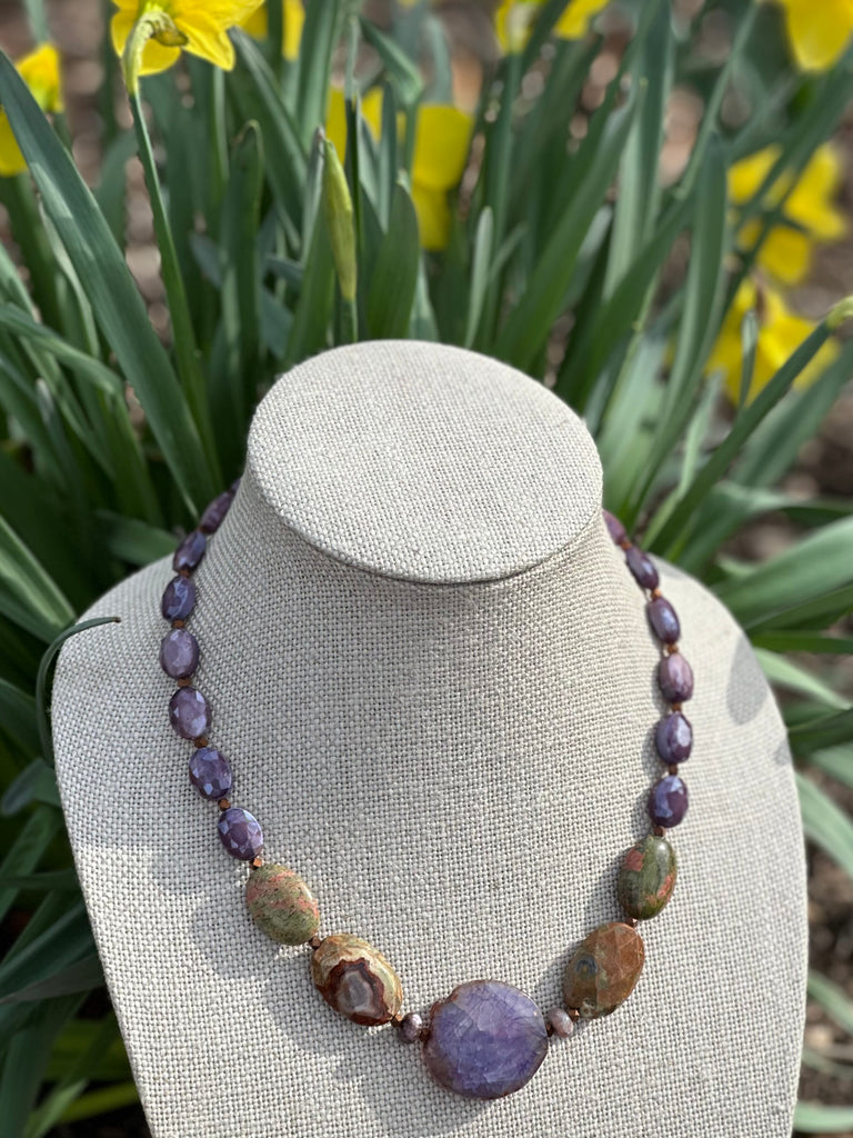 Purple Jasper, Quartz & Bronze Necklace