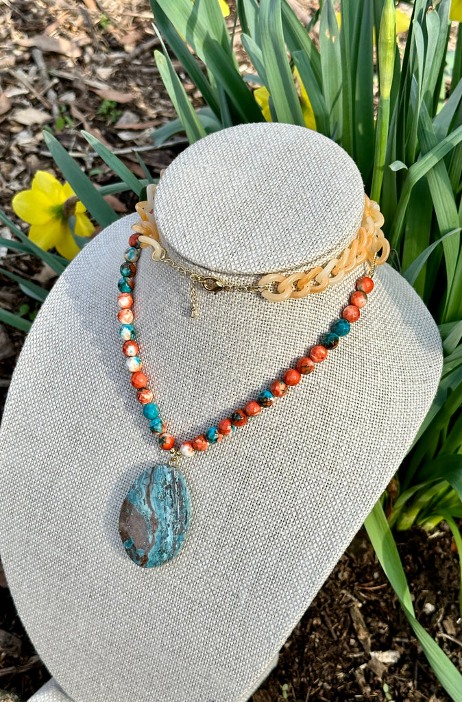 Spiny Oyster, Resin & Jasper Pendant Necklace