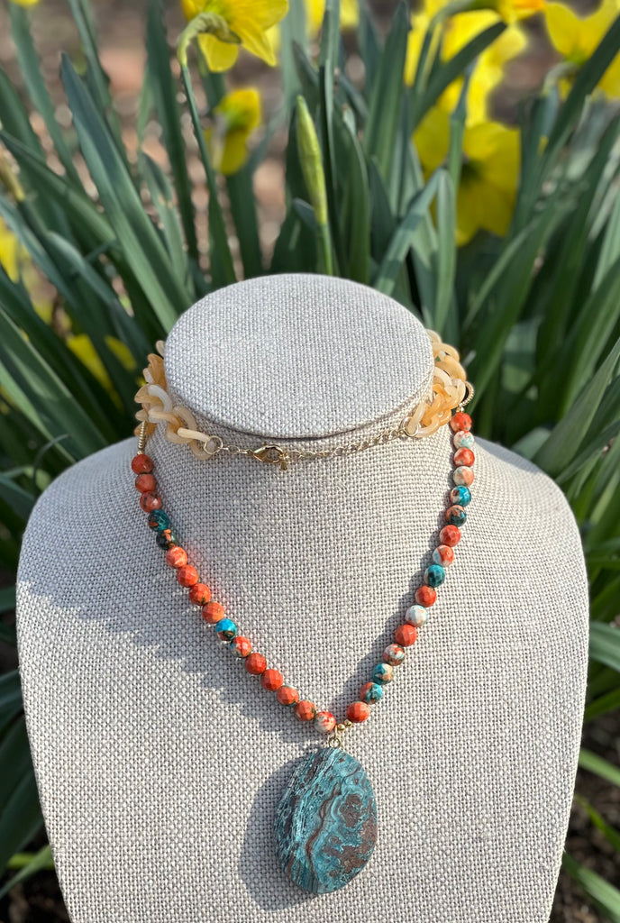 Spiny Oyster, Resin & Jasper Pendant Necklace