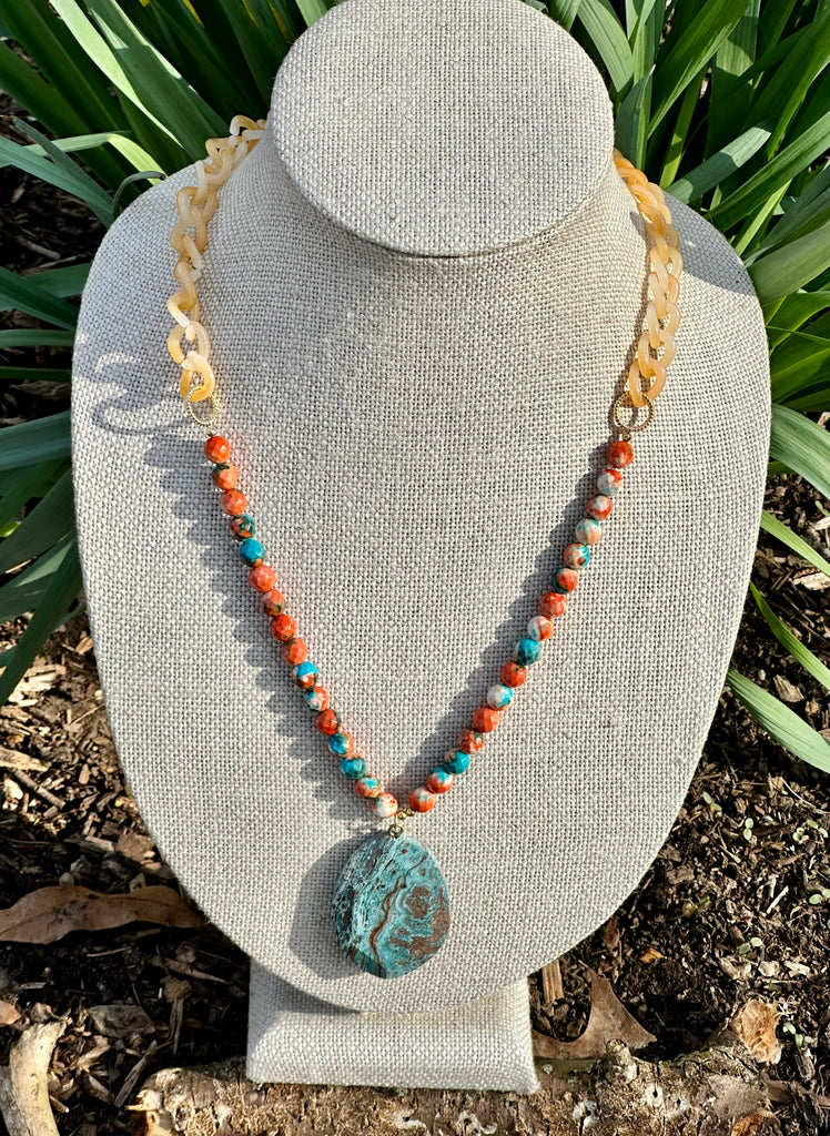 Spiny Oyster, Resin & Jasper Pendant Necklace