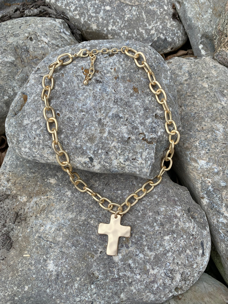 Brushed Gold Link & Cross Necklace