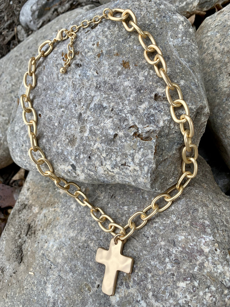 Brushed Gold Link & Cross Necklace