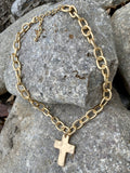 Brushed Gold Link & Cross Necklace