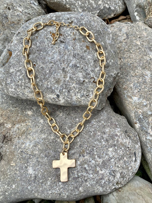Brushed Gold Link & Cross Necklace