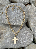 Brushed Gold Link & Cross Necklace