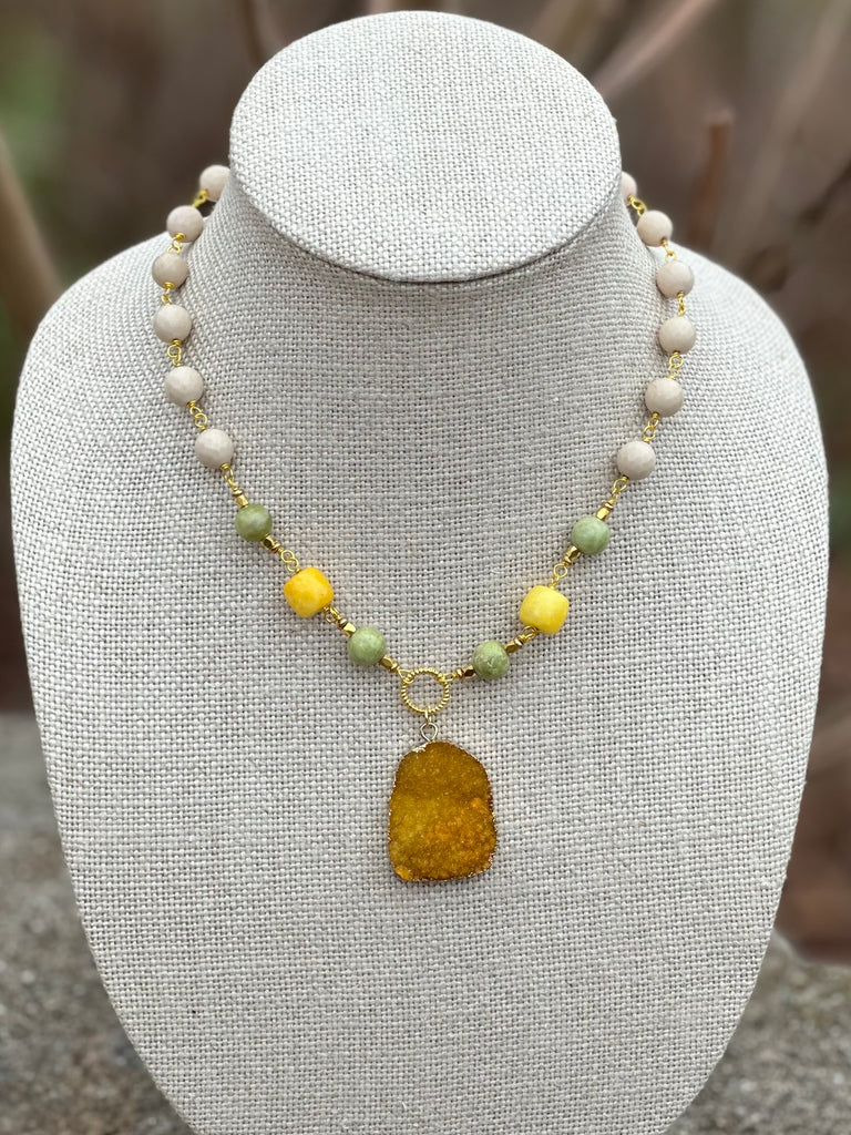 Mixed Jade and Jasper Druzy Pendant Necklace