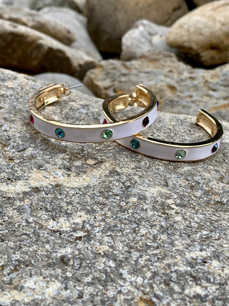 White Multi-Color Stone Hoop Earrings