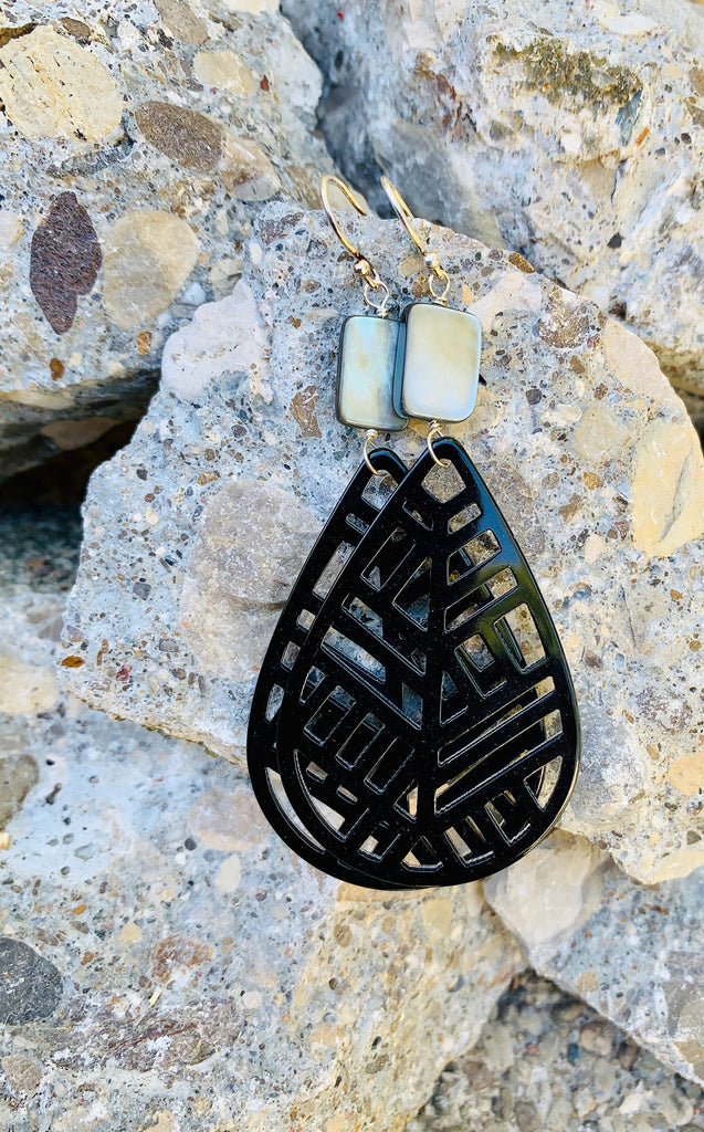 Barse Sterling Silver Laser-Cut Resin with Black Mother-of-Pearl Teardrop Earrings