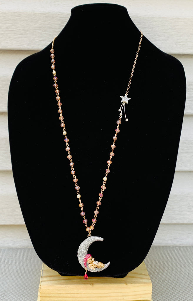 Betsey Johnson Get Your Wings Bear Moon Long Pendant Necklace in Blush