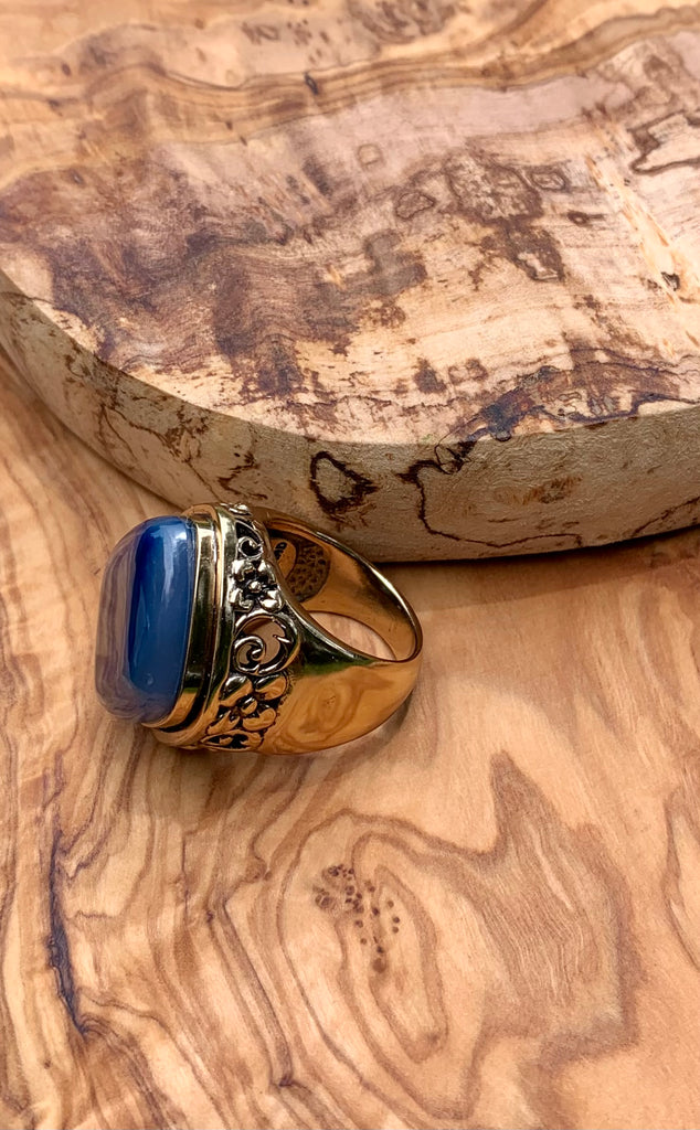 Blue Agate & Bronze Scrolled Ring Size 9