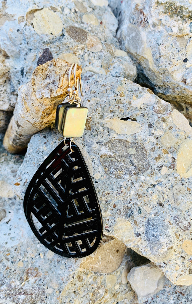 Barse Sterling Silver Laser-Cut Resin with Black Mother-of-Pearl Teardrop Earrings