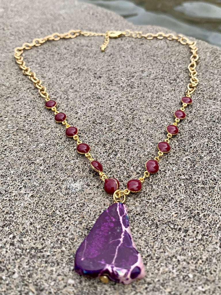 Purple Jasper and Enamel Rosary Bronze Chain Necklace