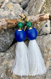 Green Onyx & Large White Tassel Statement Earrings