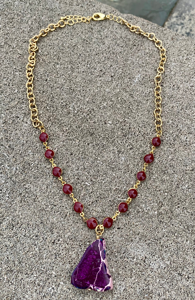 Purple Jasper and Enamel Rosary Bronze Chain Necklace