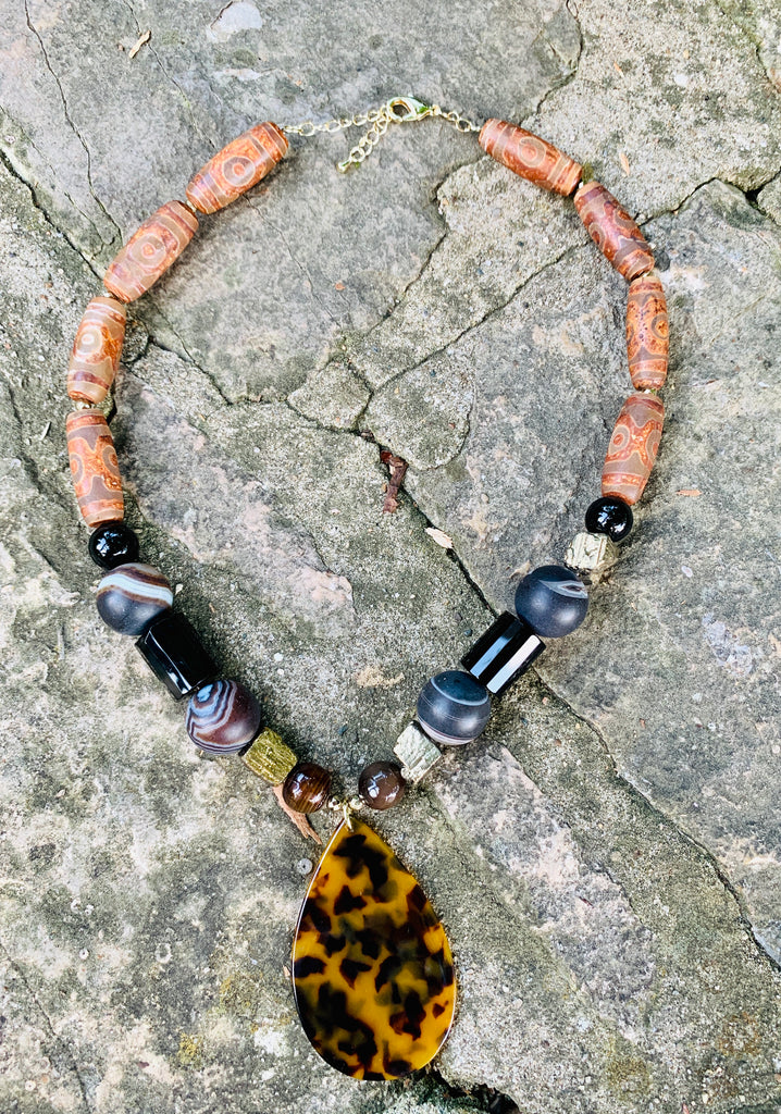 Barse Tortoise & Black Onyx Drop Post Earrings