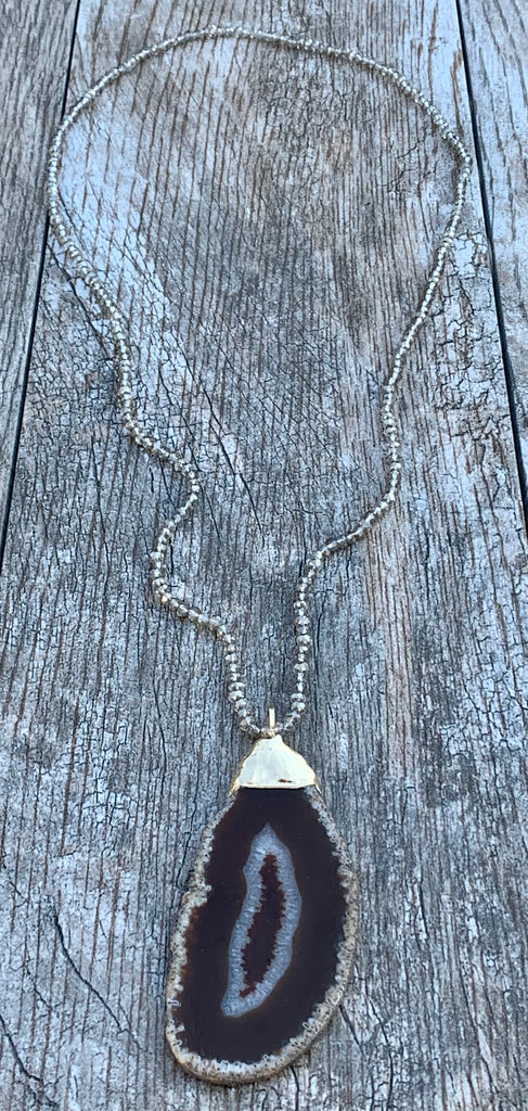 Beaded Crystal Necklace with Agate Slice Pendant