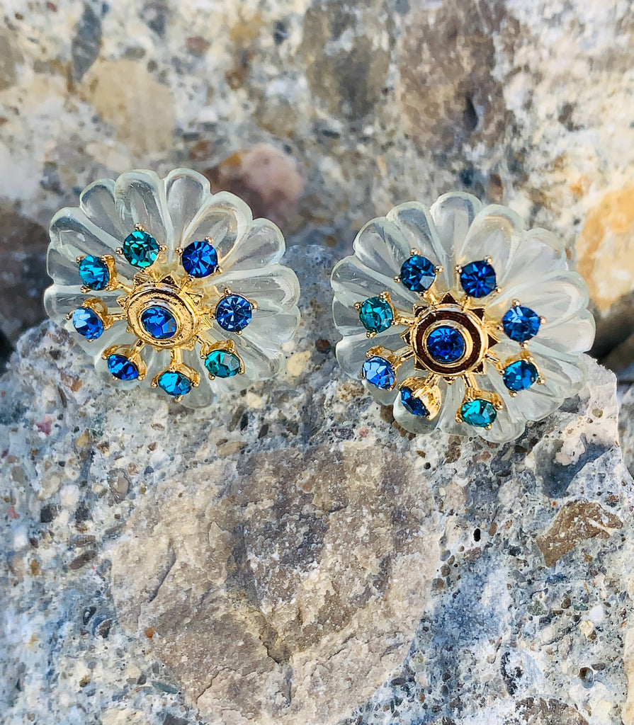 Vince Camuto Blue & Green Crystal Gold Flower Stud Earrings