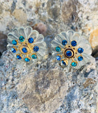 Vince Camuto Blue & Green Crystal Gold Flower Stud Earrings