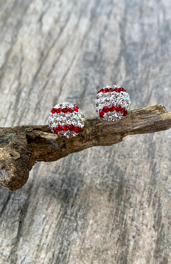 Sterling Silver Red & CZ Baseball Stud Earrings