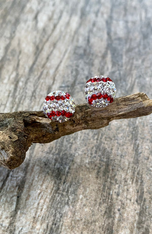 Sterling Silver Red & CZ Baseball Stud Earrings