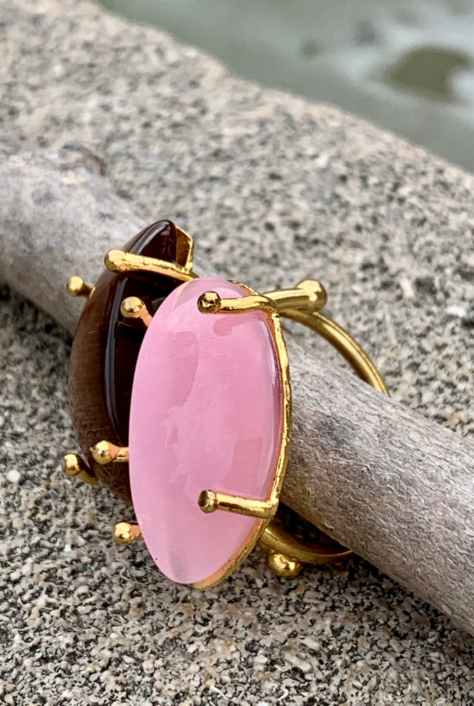 Rose Quartz & Tigers Eye Double Stone Adjustable Ring
