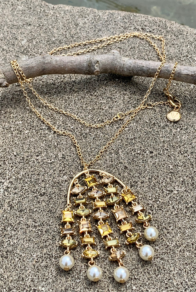Metallic Multi-Layered Yellow & Pearl Jeweled Chandelier Necklace