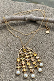 Metallic Multi-Layered Yellow & Pearl Jeweled Chandelier Necklace