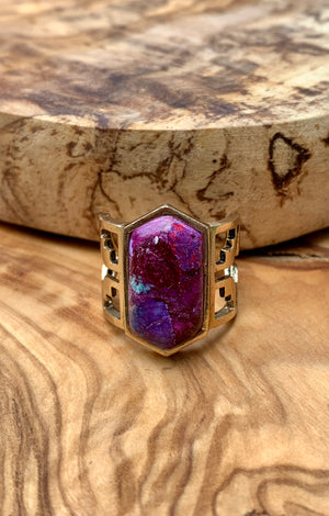 Purple Turquoise Design & Bronze Aztec Ring Size 7