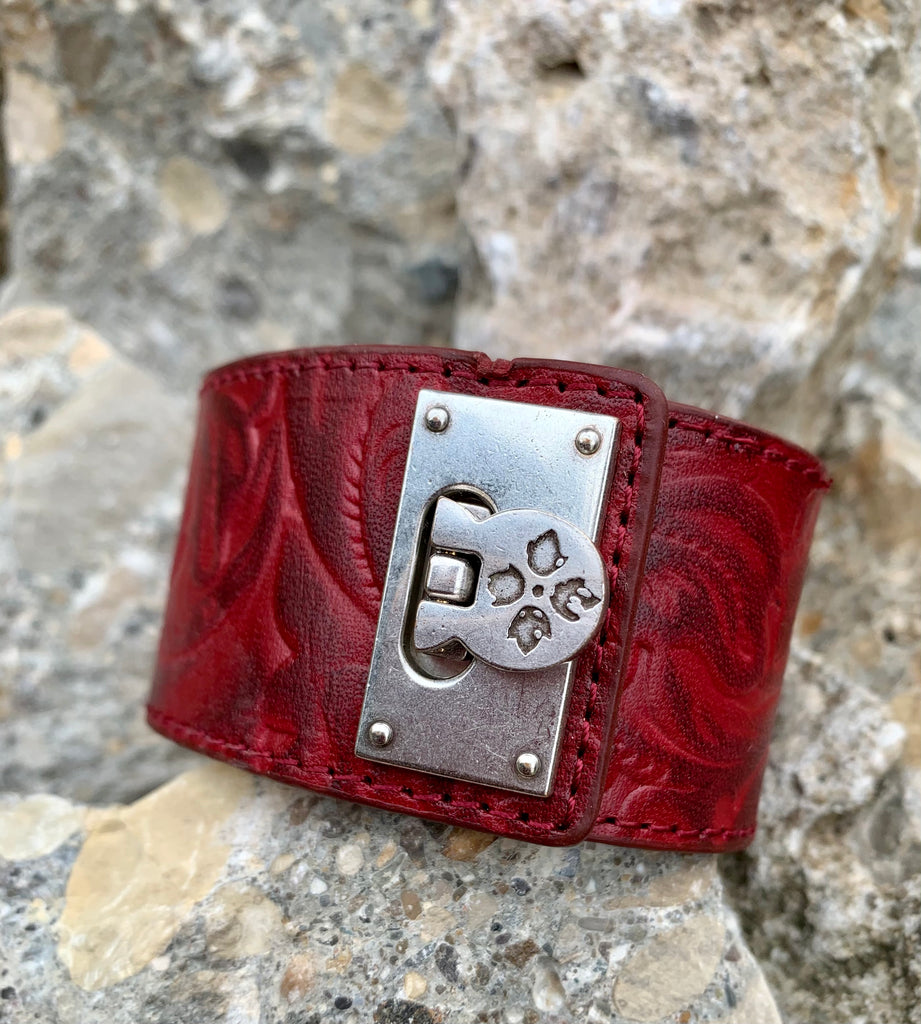 Patricia Nash Burgundy Red Floral Leather Irena Cuff/Bangle Bracelet