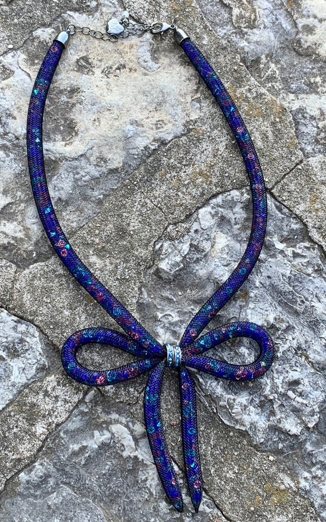 Betsey Johnson Mesh Blue Multi-Color Bow Collar Necklace