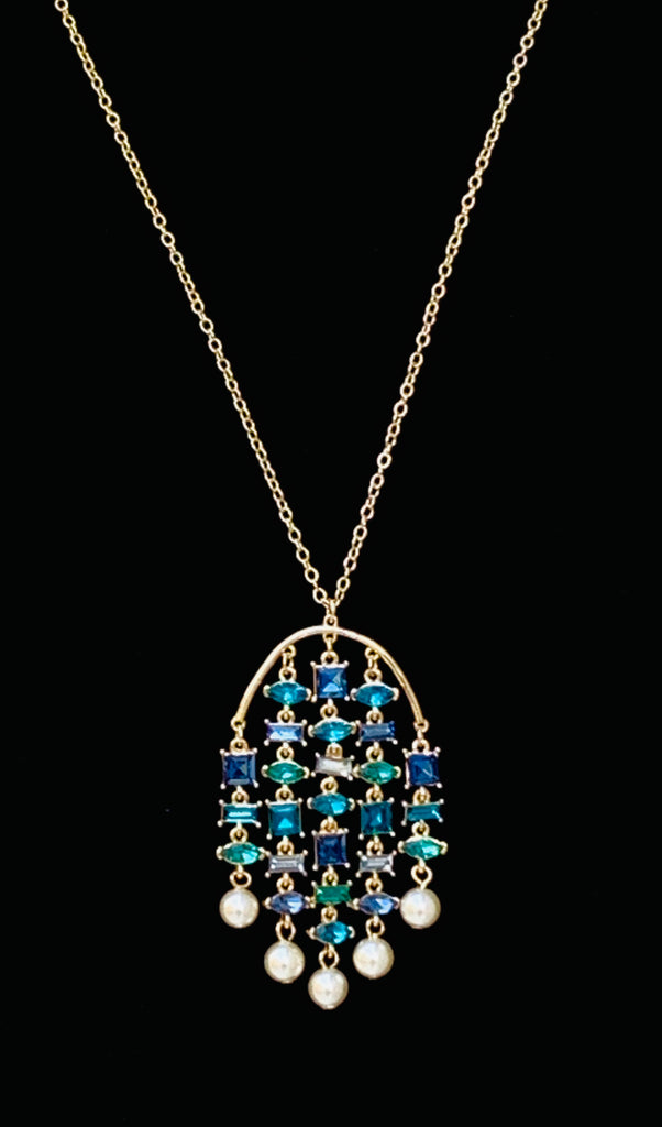 Metallic Multi-Layered Blue Jeweled Chandelier Necklace
